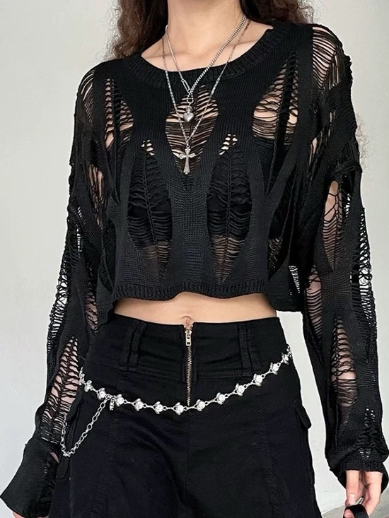 Sweaters - Black Distressed Knit Crop Sweater - Women